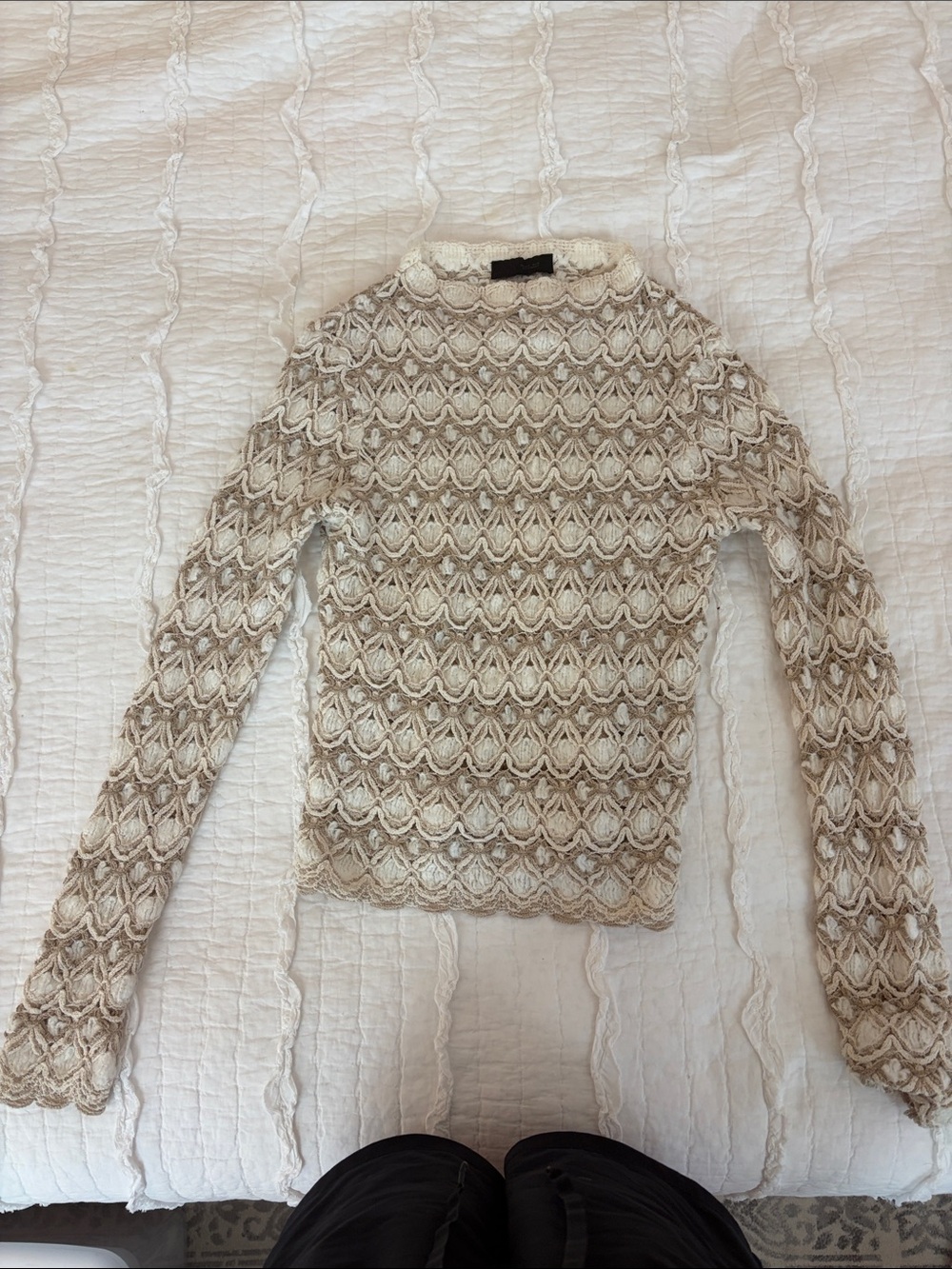 Zara Cream and Tan Open-Knit Long Sleeve Top